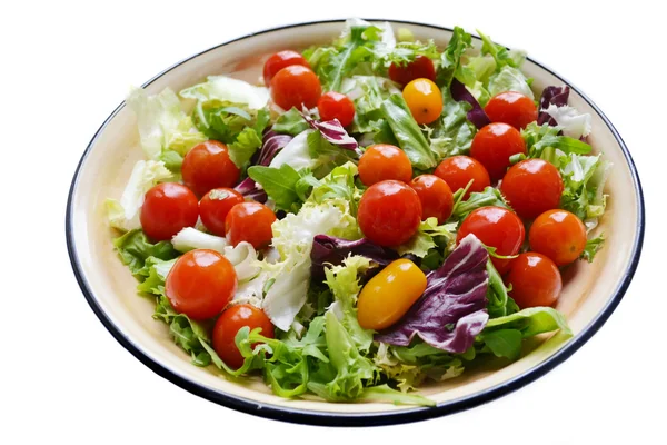 美味的素食沙拉配红色和黄色的樱桃西红柿、 芝麻菜、 白菜和生菜 — 图库照片
