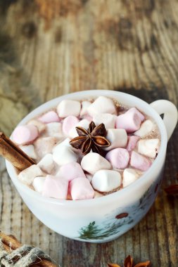 Sıcak kakao marshmallows, yıldız anason ve tarçın ile beyaz fincan