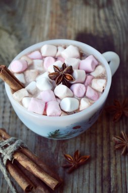 Sıcak kakao marshmallows, yıldız anason ve tarçın ile beyaz fincan