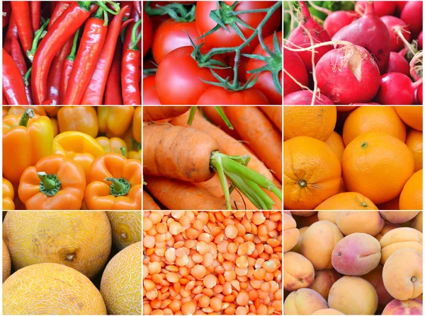 Колаж здорових органічних червоних і апельсинових фруктів і овочів — стокове фото