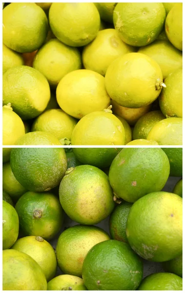 Коллаж свежих зеленых лаймов и желтых лимонов с фермерского рынка — стоковое фото