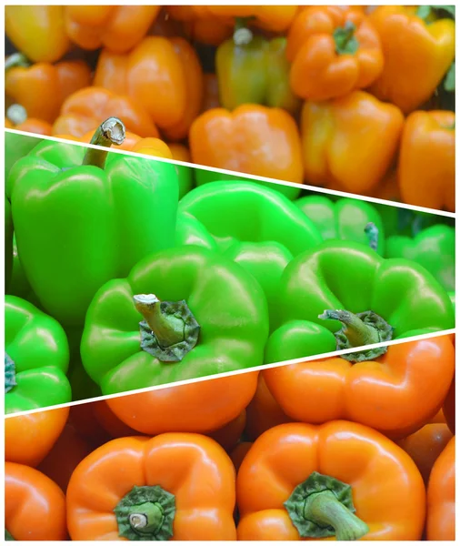 Collage of fresh and sweet green and orange bell peppers from the farm market — Stock Fotó