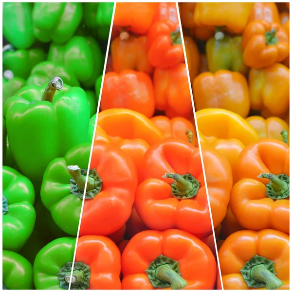 Collage of fresh and sweet green, red and orange bell peppers from the farm market — Stock Photo, Image