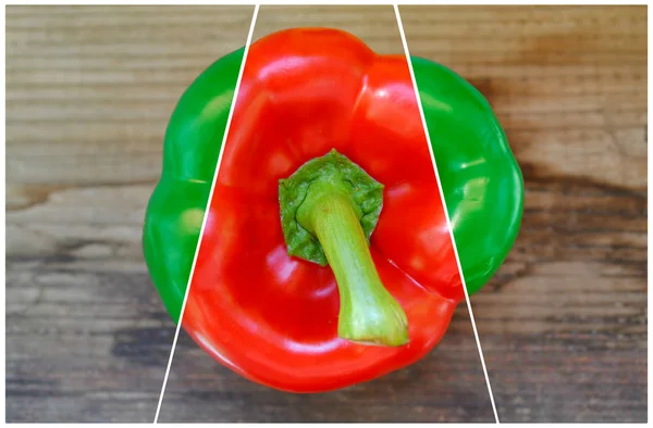 Collage of fresh and sweet green and red bell peppers from the farm market — Stock Fotó