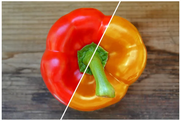 Collage of fresh and sweet red and orange bell peppers from the farm market — Stock Fotó