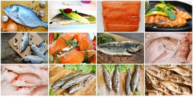 Collage of different types of cooked and raw fresh fish
