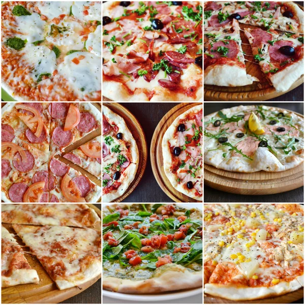 Collage de diferentes tipos de deliciosas pizzas con aceitunas, salami, piña y carne —  Fotos de Stock