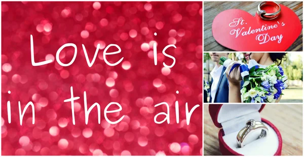 Conceito do Dia de São Valentim - colagem de itens de amor diferentes: anéis, saudações. buquê, corações — Fotografia de Stock