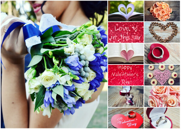 Concept of St. Valentine's Day - collage of different love items: rings, greetings. bouquet, hearts