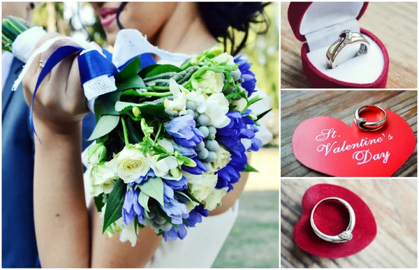 El concepto del Día de San Valentín - el collage de los objetos diferentes de amor: los anillos, los saludos. ramo, corazones —  Fotos de Stock