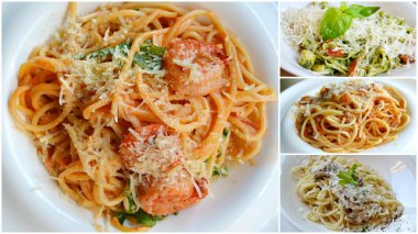 Bolognese makarna ile farklı tabak ve spagetti deniz ürünleri ile kolaj