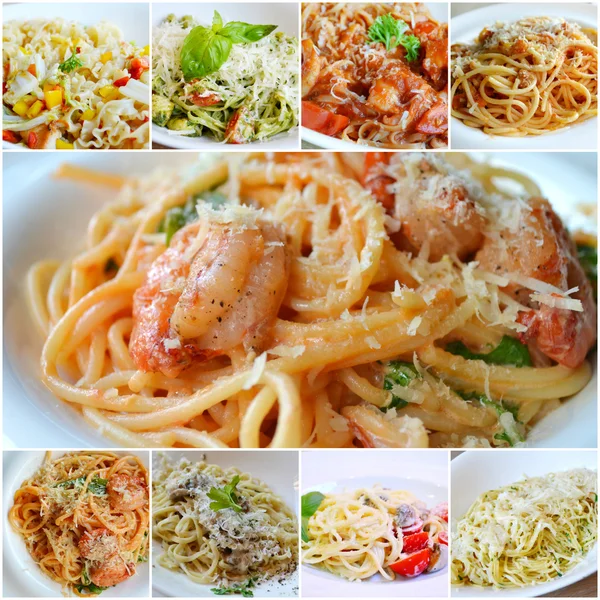 Collage de diferentes platos con pasta boloñesa y espaguetis con mariscos — Foto de Stock