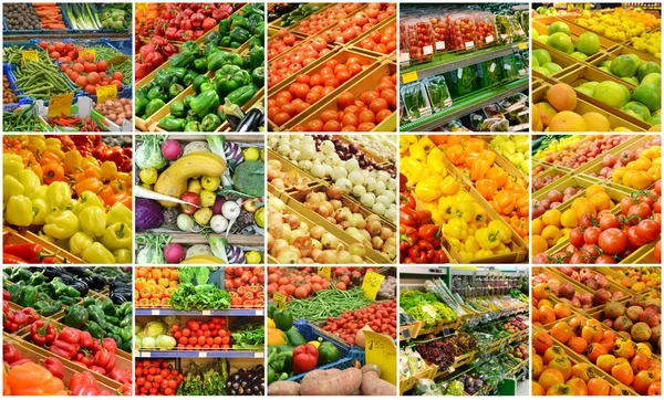 Collage de diferentes mercados de comestibles llenos de frutas y verduras — Foto de Stock