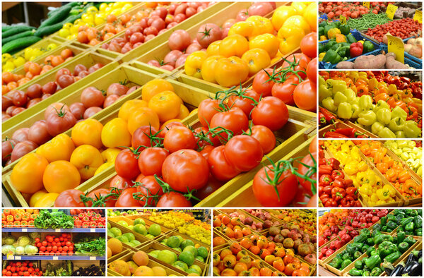 Collage of different grocery markets full of fruit and vegetables