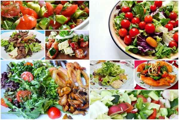 Collage de diferentes tipos de ensaladas - griego, césar y con mariscos —  Fotos de Stock