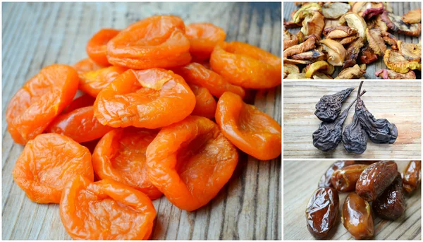 Collage of dried apricots, brown dates, dry apples and pears golden raisins — Stock Photo, Image