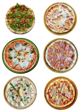 İtalyan pizza üzerinde beyaz izole farklı türde kolaj