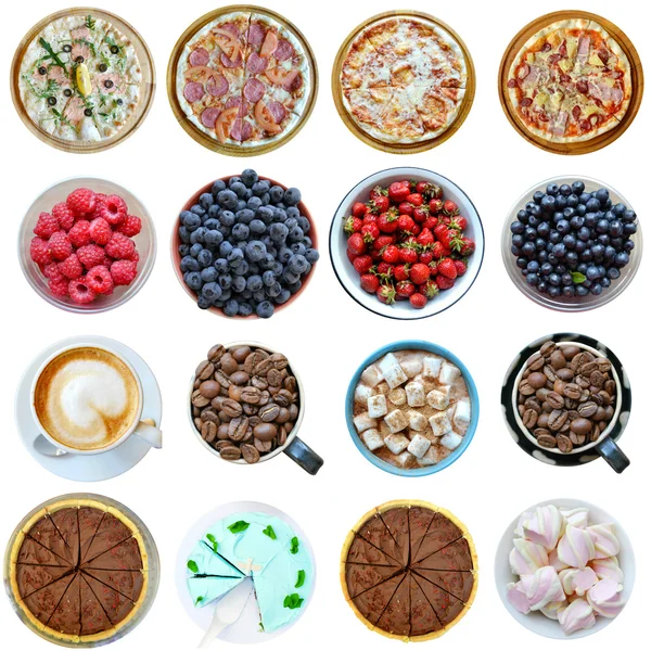 Koláž různých druhů zdravých a nezdravých potravin izolovaných na bílém — Stock fotografie