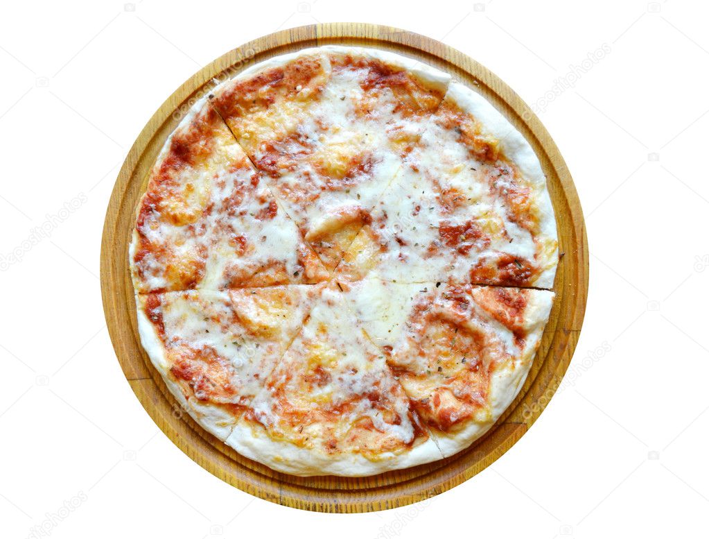 Whole pizza margarita on wooden plate isolated on white