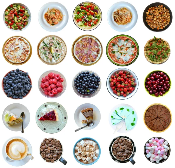 Kollázst a különböző fajta-ból egészséges és egészségtelen élelmiszerek elszigetelt fehér — Stock Fotó