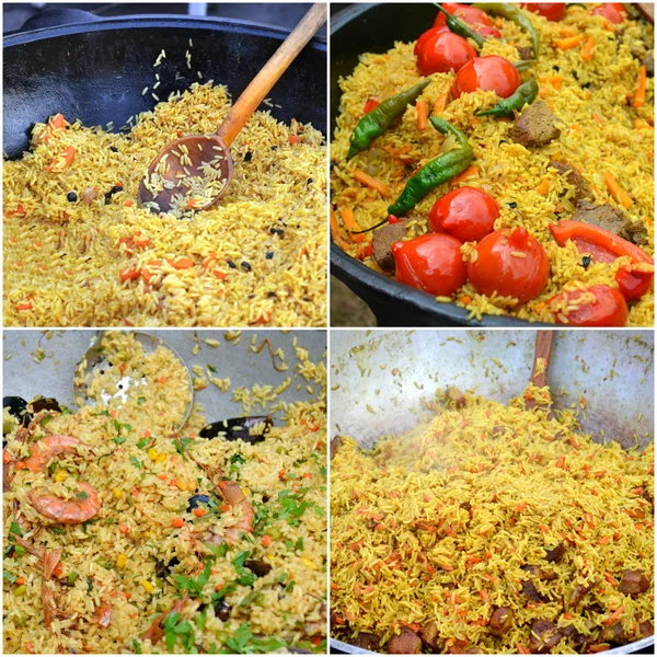 Collage de diferentes tipos de arroces como una paella española con mejillones y gambas y pilaf uzbeko con tomates y chiles verdes —  Fotos de Stock