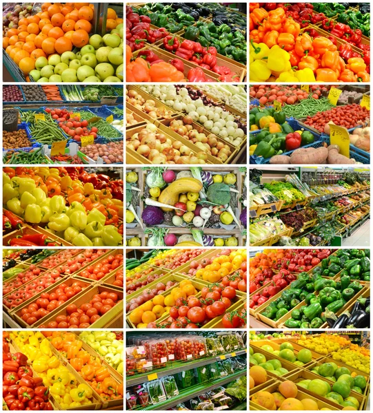 Colagem de diferentes mercados de mercearia cheios de frutas e legumes — Fotografia de Stock