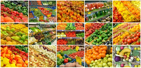 Kollázst a különböző élelmiszer-piacok teljes gyümölcs- és zöldségfélék — Stock Fotó