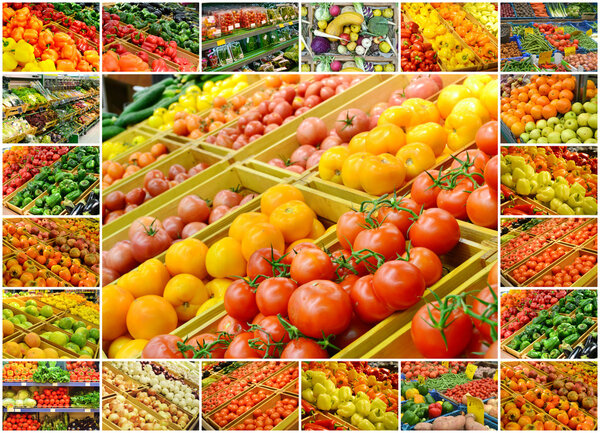 Collage of different grocery markets full of fruit and vegetables