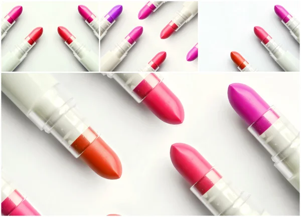 Set aus rosa, violetten und roten Lippenstiften isoliert auf weiß — Stockfoto