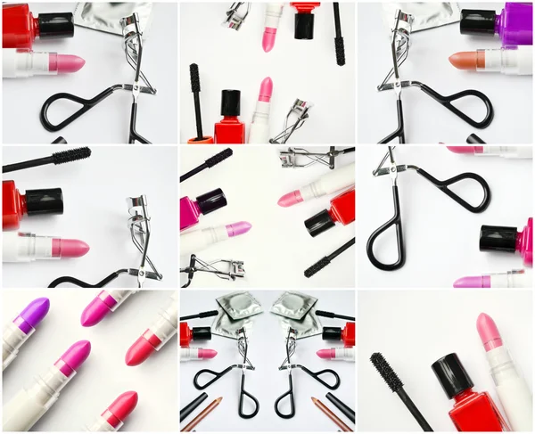 Collage av olika kosmetika uppsättningar med svart mascara, rosa och röda nagellack och läppstift och ögonfransar curlingspelare — Stockfoto