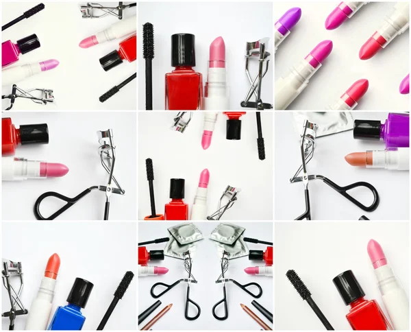 Collage de différents ensembles de cosmétiques avec mascara noir, vernis à ongles rose et rouge et rouge à lèvres et friseur de cils — Photo