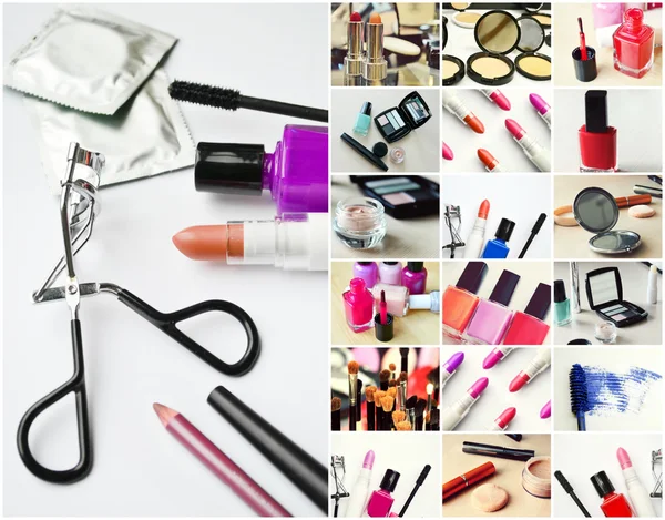 Collage of different cosmetics sets with black mascara, pink and red nail polish and lipstick and eyelash curler