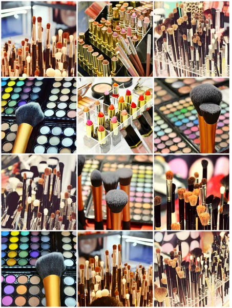 Collage of different cosmetic brushes for makeup and set of colorful lipsticks with other cosmetics on a dressing table — Stock Photo, Image