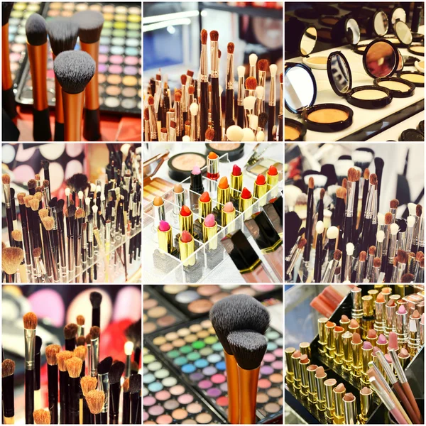 Collage of different cosmetic brushes for makeup and set of colorful lipsticks with other cosmetics on a dressing table