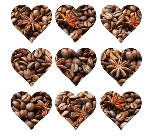 Spicy anise stars on lots of roasted coffee beans in shape of hearts isolated on white — Stock Photo, Image