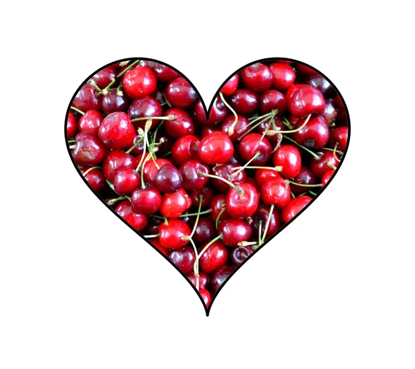 Mnóstwo świeży i smaczny ciemny słodkie wiśnie w kształcie serca na białym tle — Zdjęcie stockowe