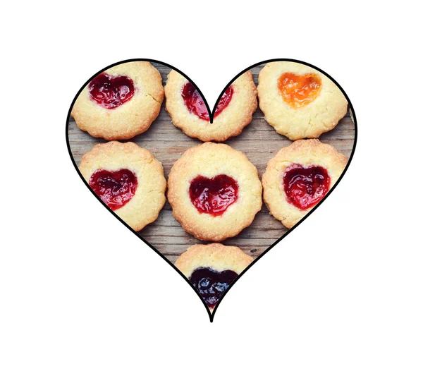 Homemade cookies with heart shaped jam isolated on white — Stock Photo, Image