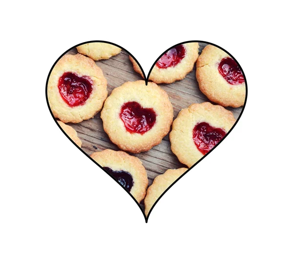 Homemade cookies with heart shaped jam isolated on white — Stock Photo, Image