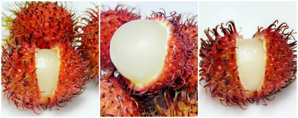 Colagem de frutos de rambutão com casca vermelha isolada sobre fundo branco — Fotografia de Stock