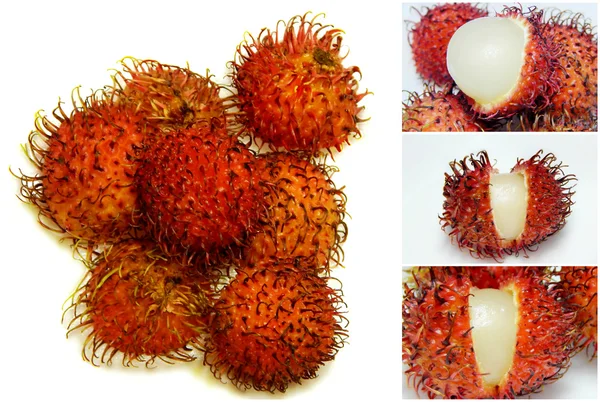 Colagem de frutos de rambutão com casca vermelha isolada sobre fundo branco — Fotografia de Stock