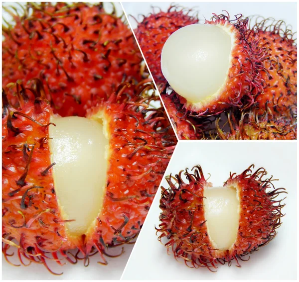 Colagem de frutos de rambutão com casca vermelha isolada sobre fundo branco — Fotografia de Stock