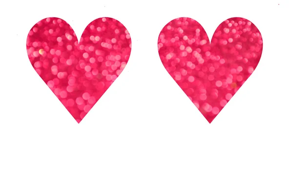 Bright and abstract blurred red, pink and violet hearts with shimmering glitter isolated on white — Stock Photo, Image