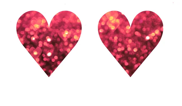 Brilhante e abstrato corações vermelhos, rosa e violeta borrados com brilho cintilante isolado no branco — Fotografia de Stock