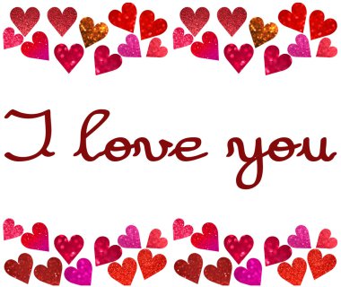 I Love You mesaj kalplerin parıldayan ile parlak ve soyut bulanık kırmızı, pembe ve mor bir çerçeve içinde izole üzerinde beyaz glitter