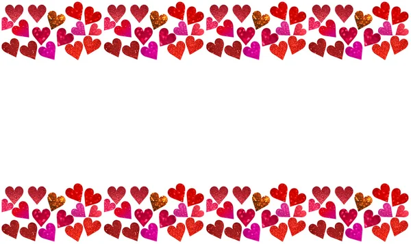 Saint Valentine's gün kavramı çerçevesinin parlak, yapılan ve soyut bulanık kırmızı, pembe ve mor kalpler parıldayan ile izole üzerinde beyaz glitter — Stok fotoğraf