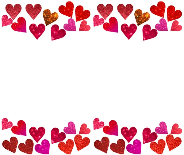 Concepto del día de San Valentín de un marco hecho de brillantes y abstractos corazones rojos, rosados y violetas borrosos con brillo brillante aislado en blanco — Foto de Stock