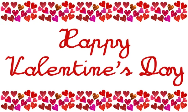 Mensagem do Dia dos Namorados feliz em um quadro de corações vermelhos, rosa e violetas borrados brilhantes e abstratos com brilho cintilante isolado no branco — Fotografia de Stock