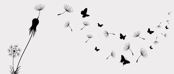 Diente León Con Mariposas Voladoras Semillas Ilustración Vectorial — Vector de stock