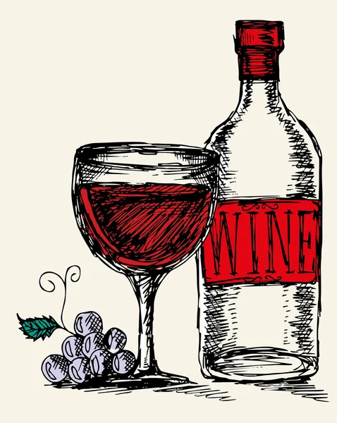 Bicchiere Doodle e bottiglia di vino — Vettoriale Stock