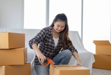 Genç iş kadını evinde online alışveriş çalışma